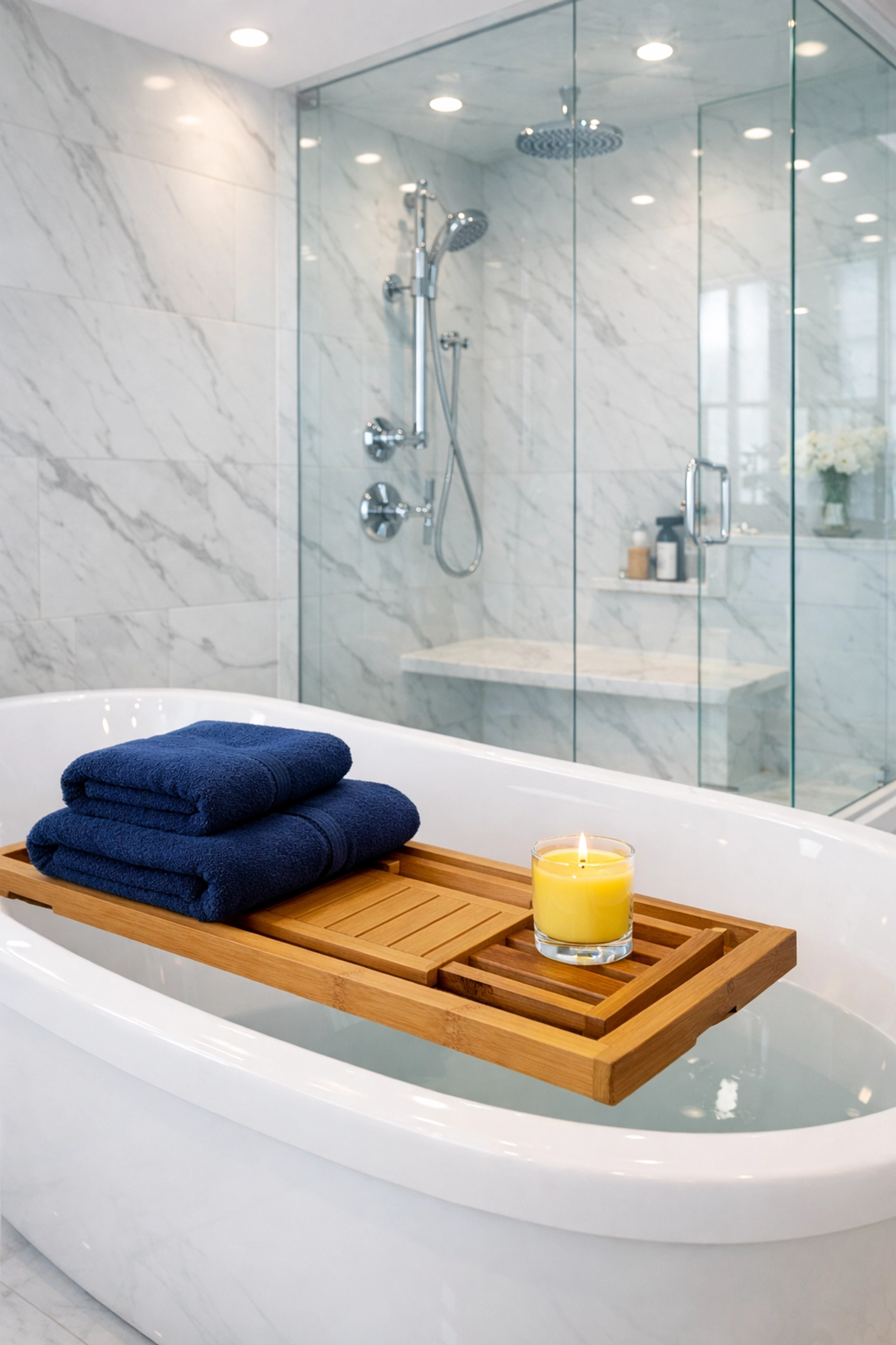 Spotless marble bathroom with a shining shower glass from regular weekly house cleaning in Maynard.