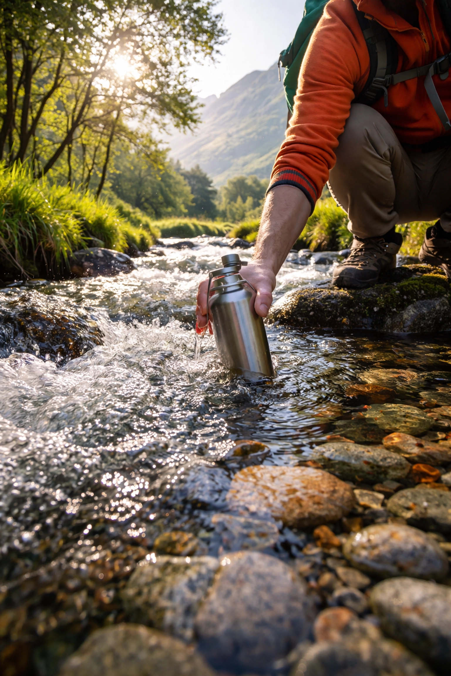 Hiker filling a water bottle from a clear Scottish stream, illustrating water purification for camping adventure UK