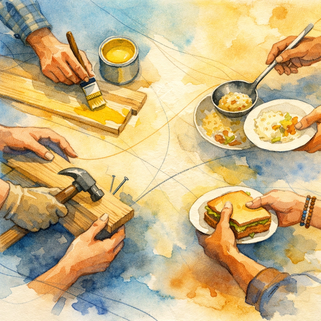 Church members serving together on community outreach project with shared mission