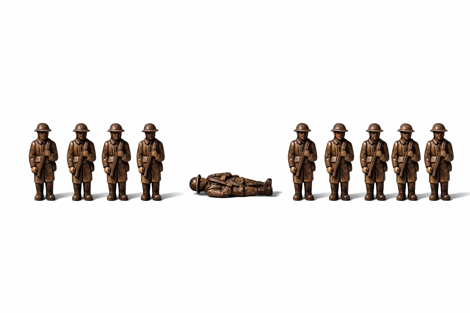 Ten wooden soldier figures with one knocked over, representing the mystery in Agatha Christie's classic novel.