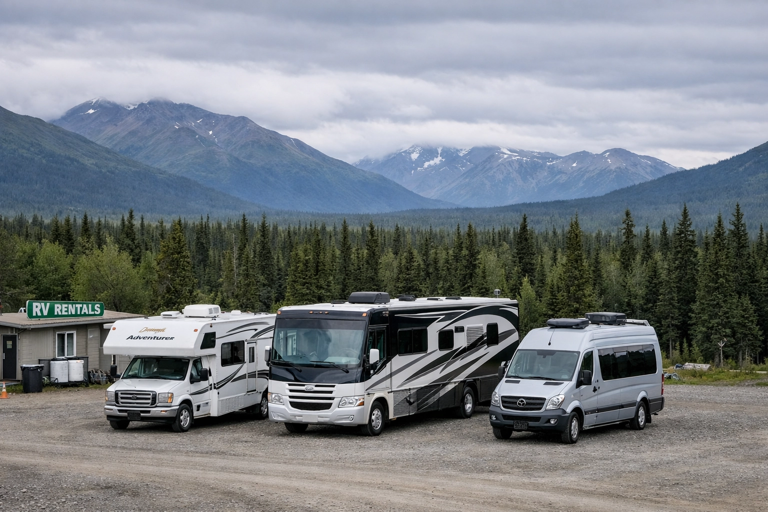 Commercial RV rental lot in rural Alaska surrounded by spruce forest and mountains