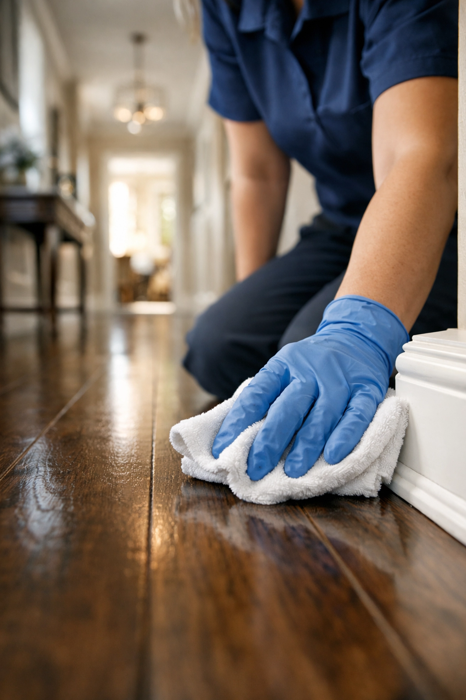 Professional house cleaner hand-wiping white baseboards during a detailed deep cleaning Marlborough session.