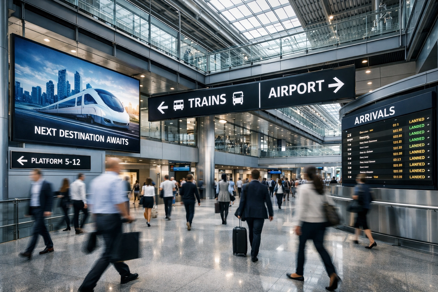 Modern urban transportation hub showcasing high-tech 3D signage and integrated media holding assets.