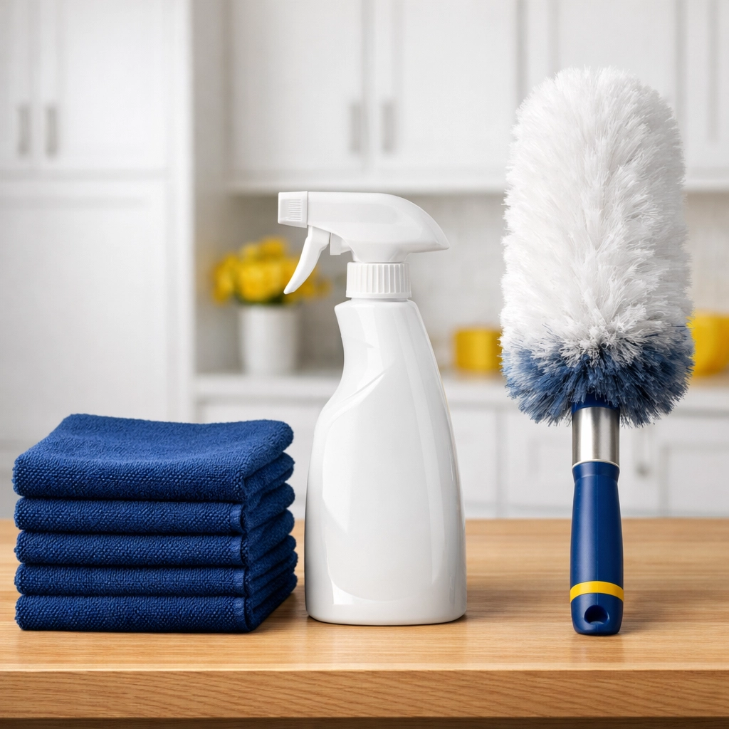 Professional cleaning supplies like microfiber cloths ready for post construction cleaning in Bedford.