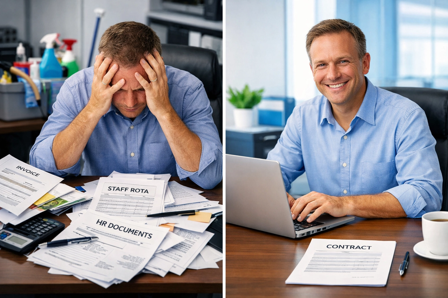 Facilities manager comparing in-house cleaning management stress versus outsourced contract cleaning relief