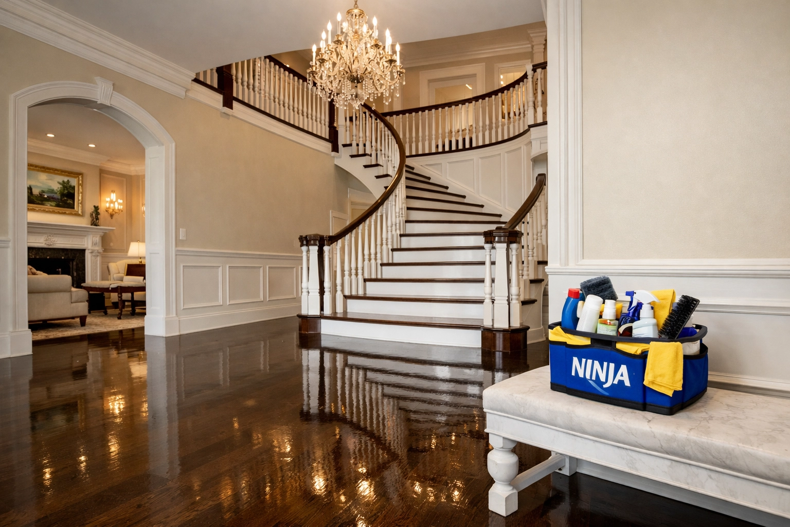 Spotless grand foyer with polished hardwood floors after a professional luxury house cleaning service.