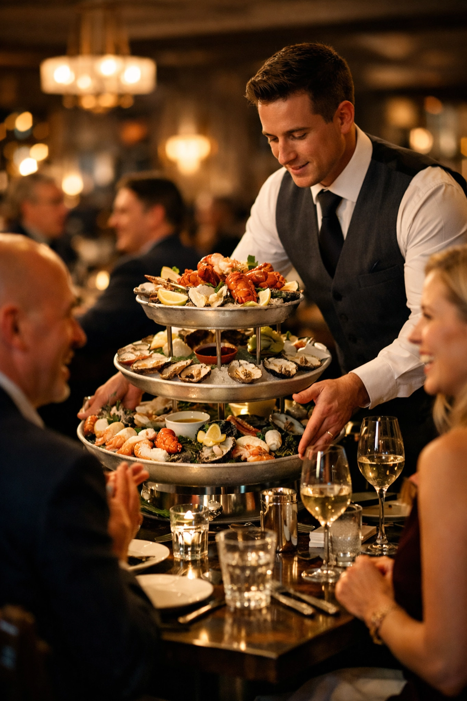 A professional server presents a grand seafood tower to guests in a bustling, upscale San Francisco restaurant.