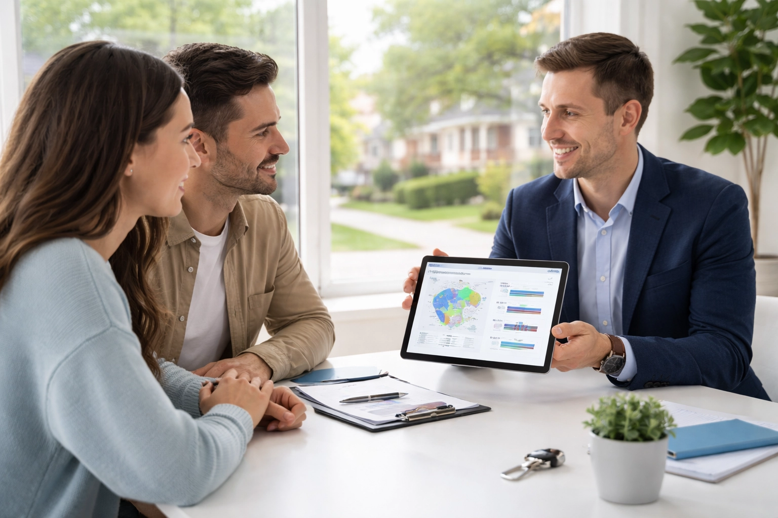 Real estate agent using AI tools with home buyers during a consultation on South Jersey neighborhood comparisons.