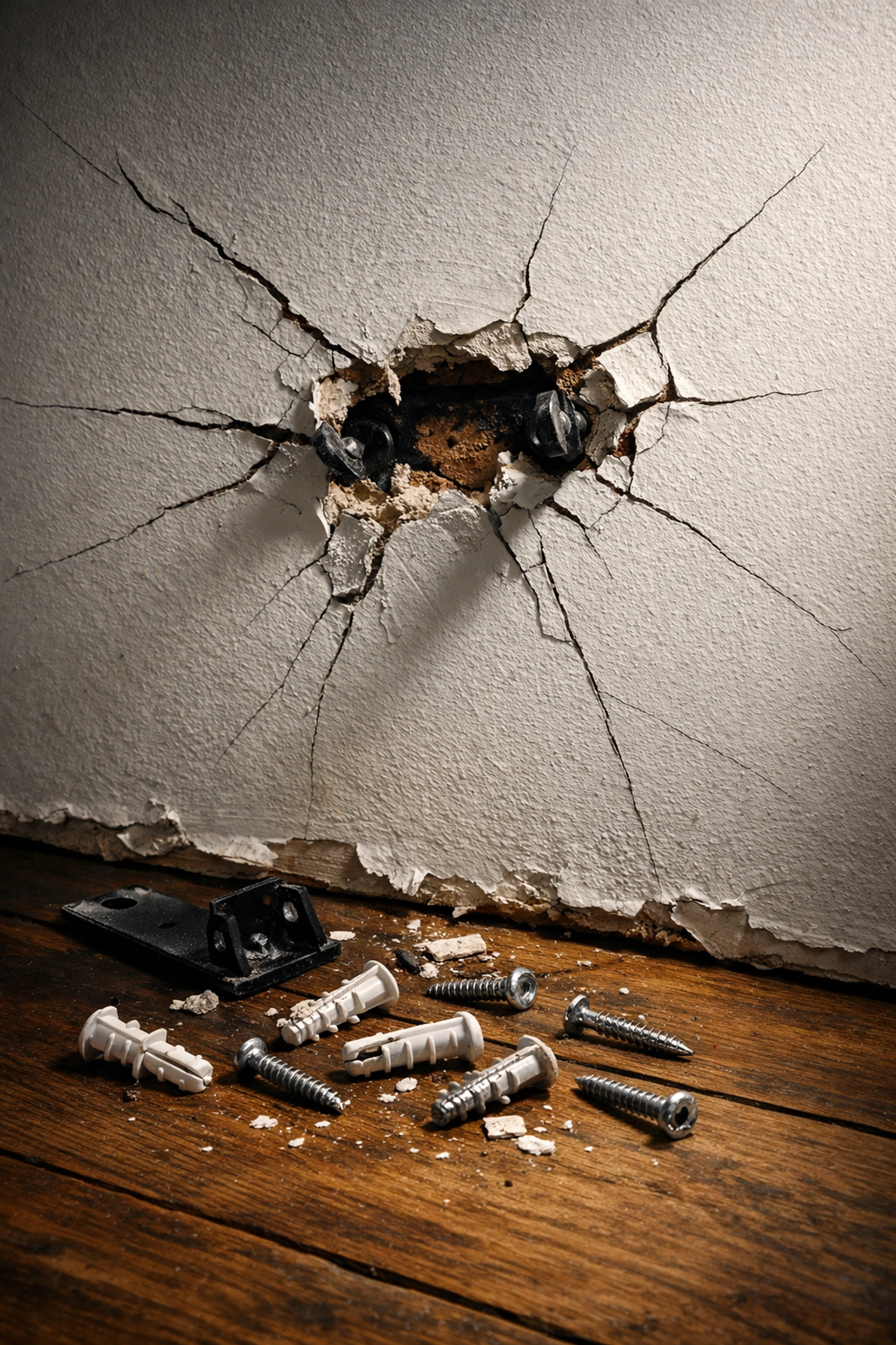 Cracked drywall from failed pull-up bar showing why traditional home gym equipment damages walls