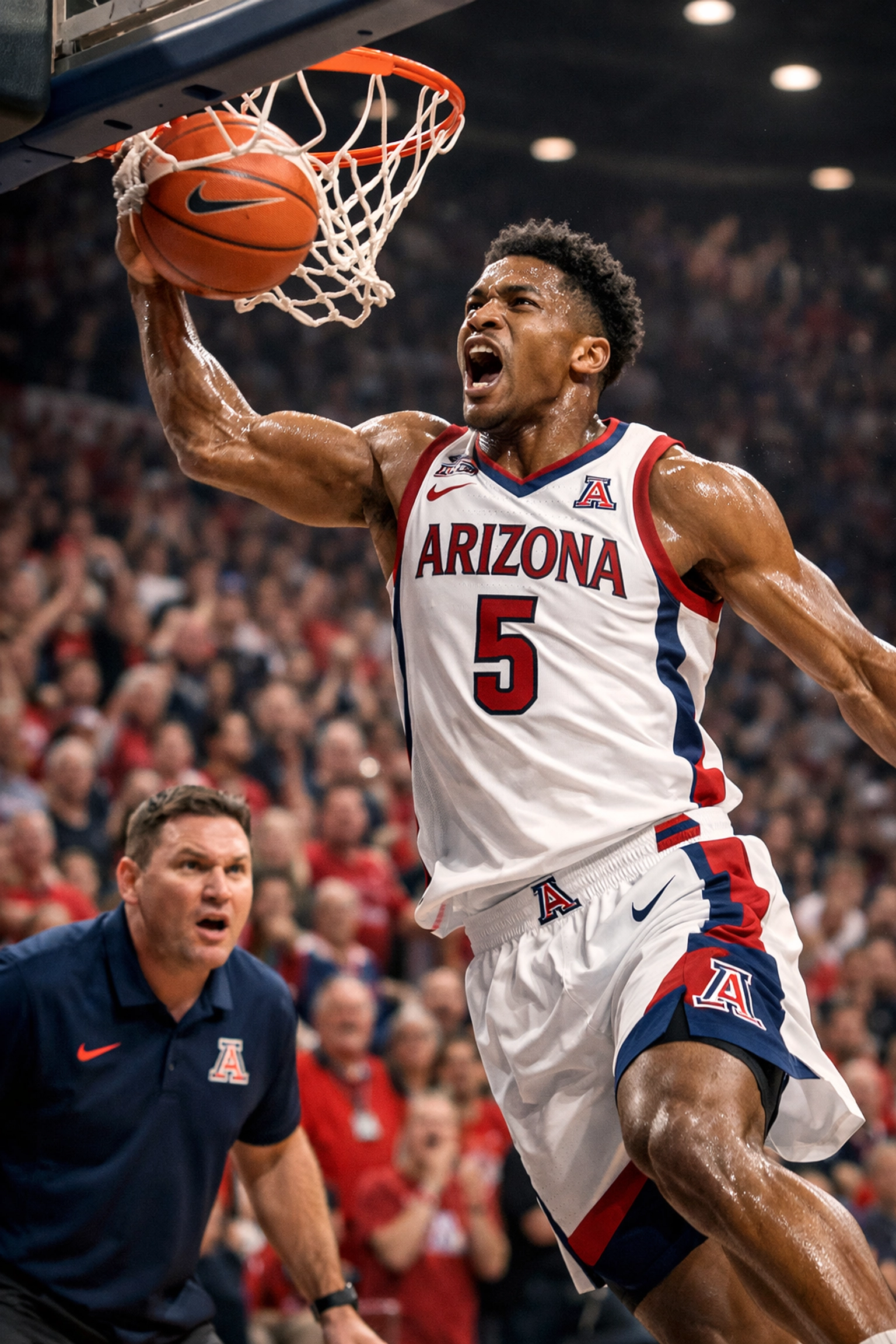 Arizona Wildcats player dunks, showcasing the 2026 No. 1 seed's high-octane transition offense.