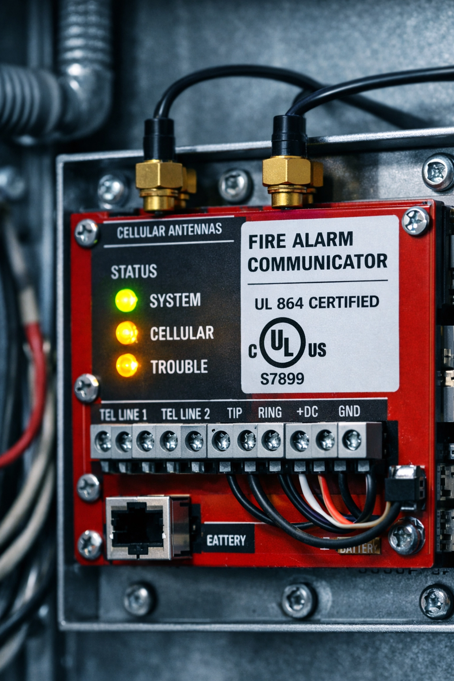 UL 864-certified fire alarm communicator with status lights and cellular antenna for NFPA 72 compliance
