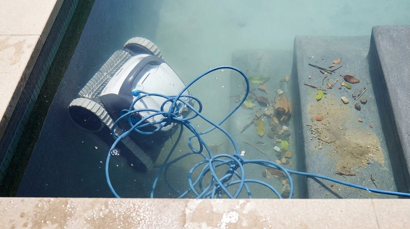 A robotic cleaner stuck in the corner of a pool, missing the debris right next to it.