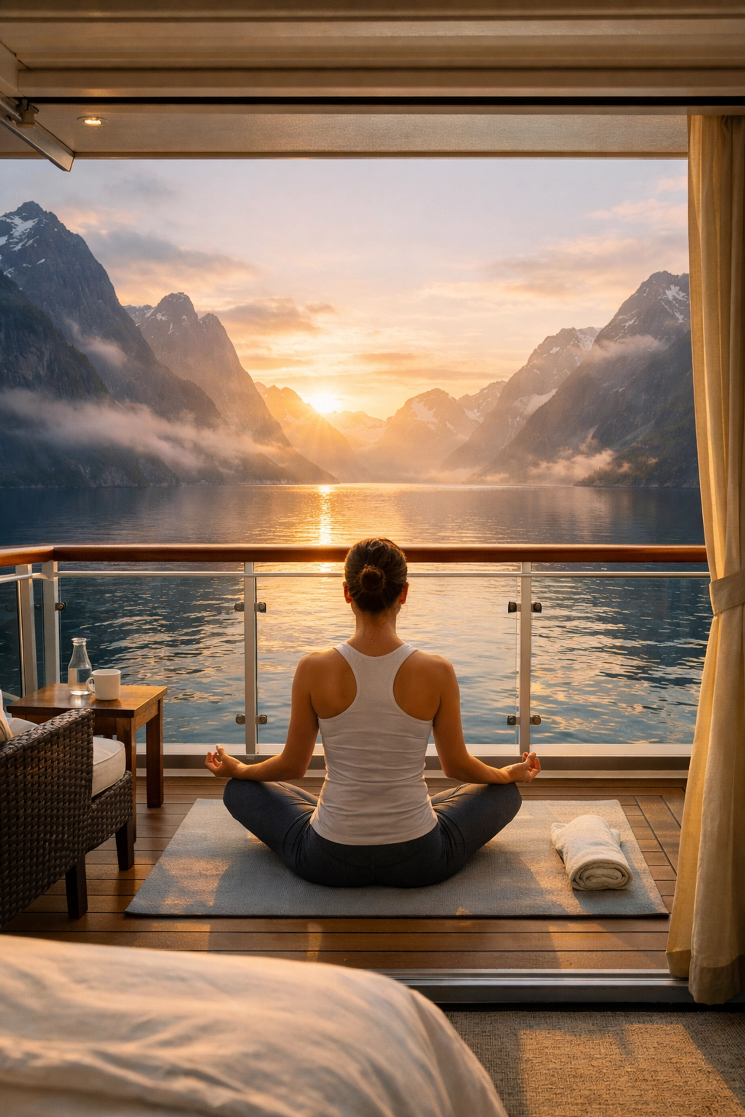 Solo traveler practicing yoga on private balcony of expedition ship cabin with fjord views