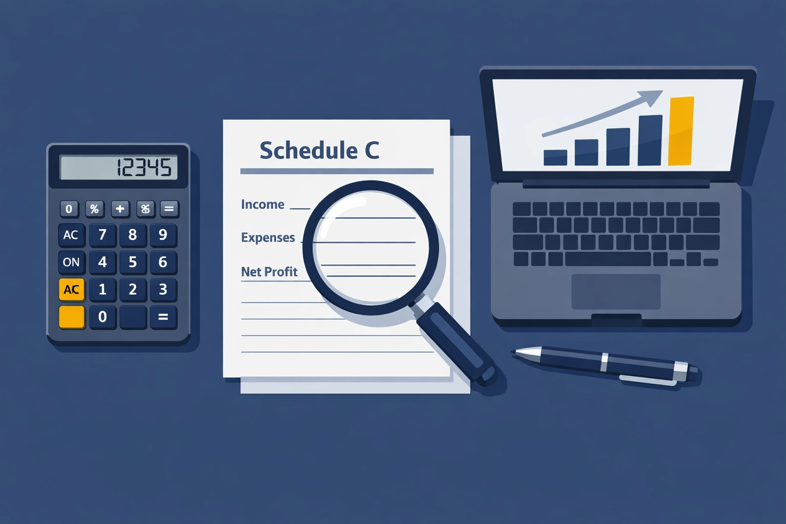 Freelancer desk with Schedule C form and calculator for side hustle tax deduction planning.