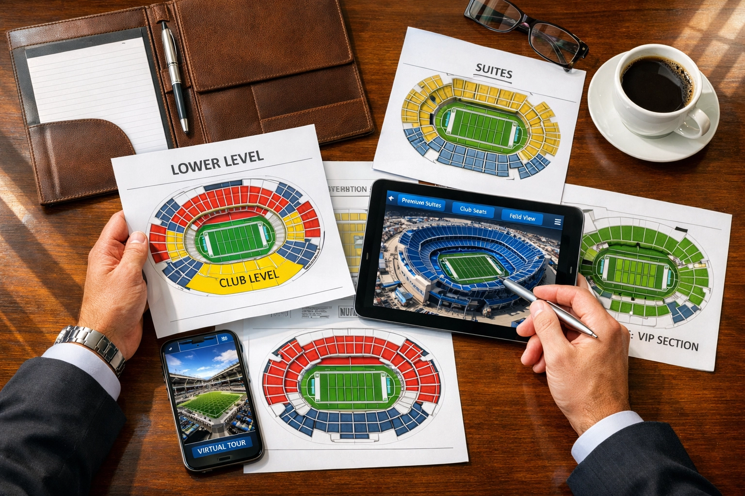 NEWSLETTER: 7 Last-Minute Super Bowl Travel Mistakes Executives Make (And How to Fix Them Before Kickoff) Executive reviewing Super Bowl seating charts and stadium maps for ticket selection