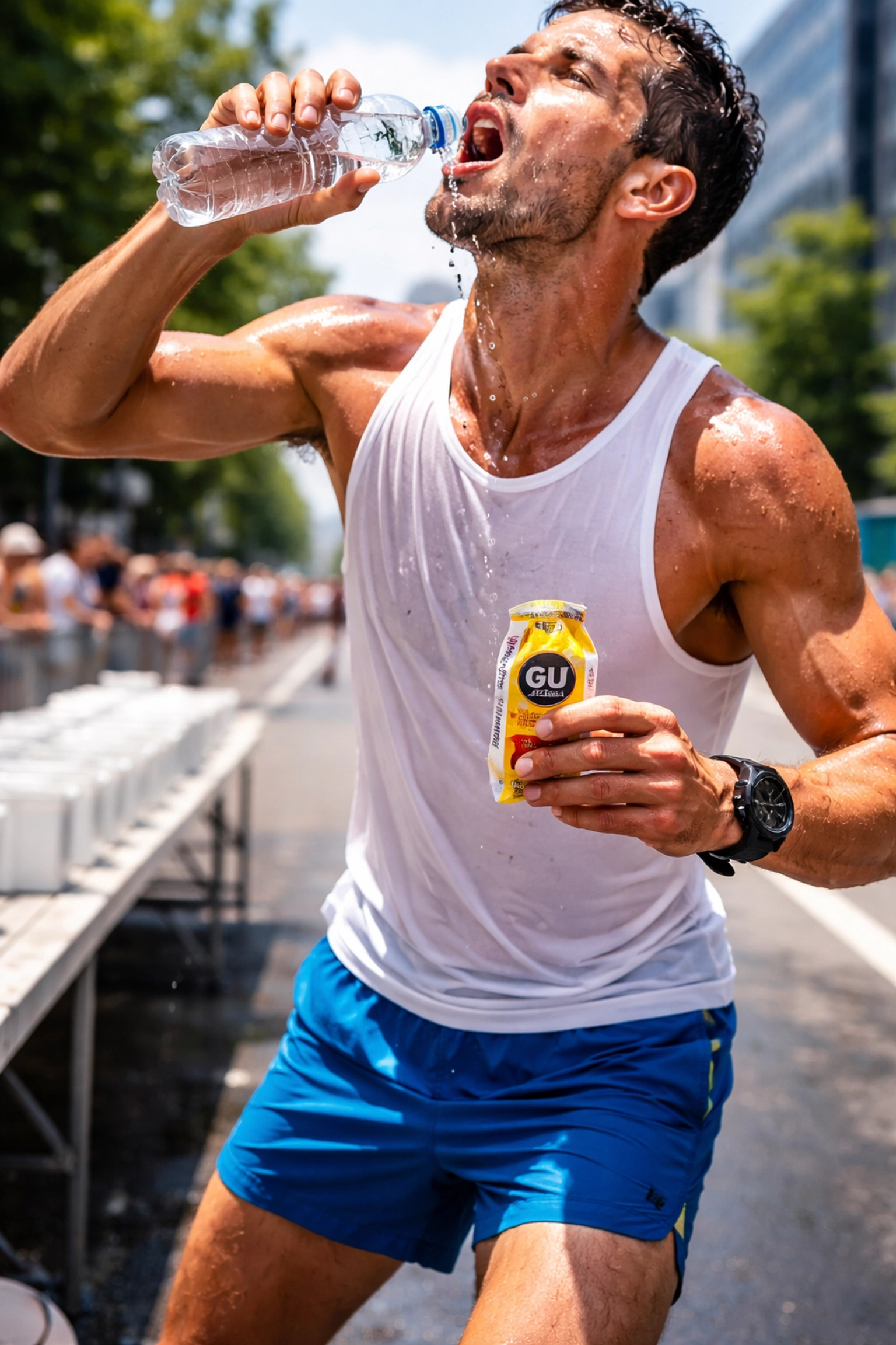 Male marathon runner at water station consuming energy gel and hydrating, highlighting proper race day hydration