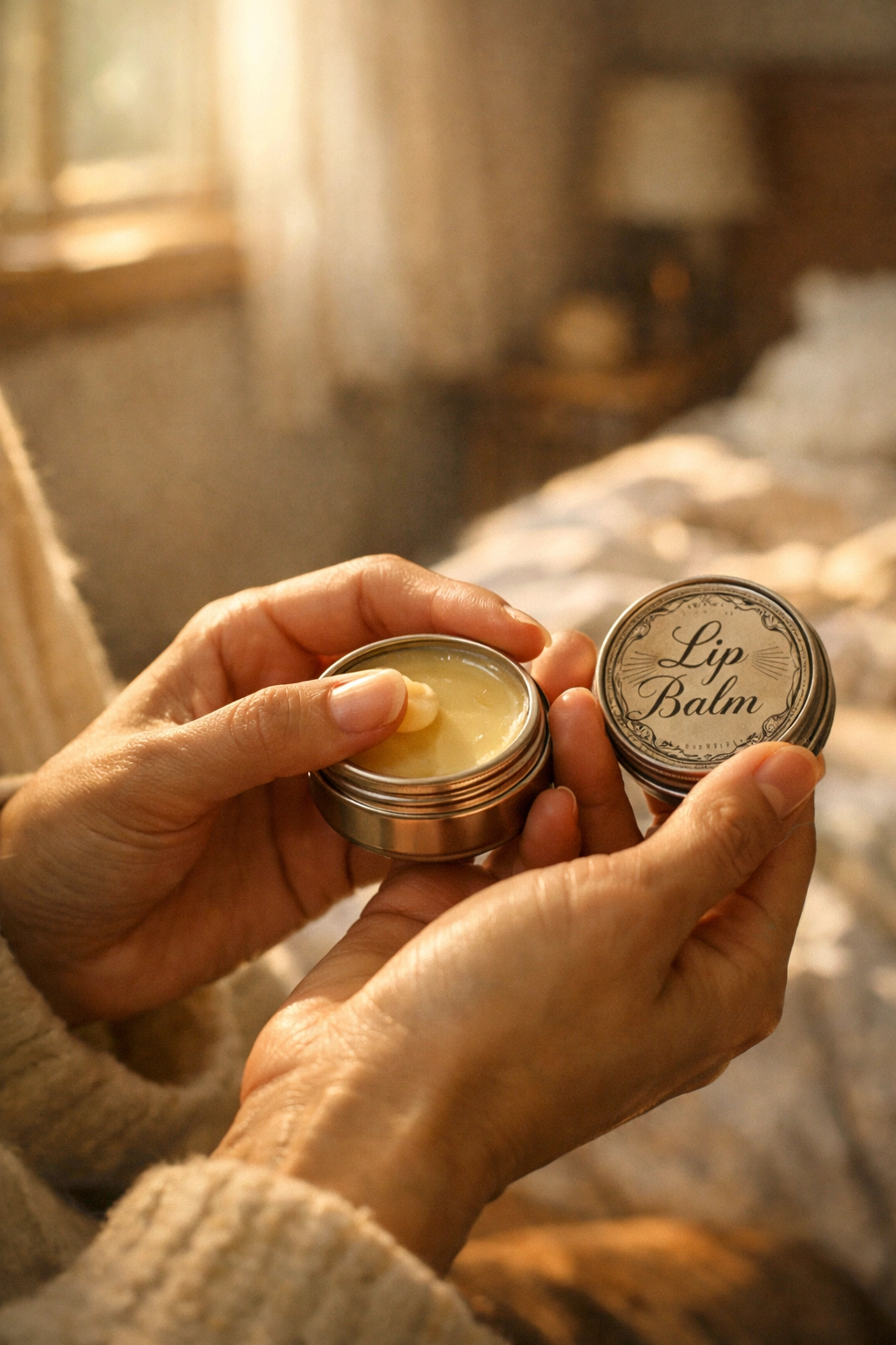 Preparing for a first kiss by applying lip balm for soft, inviting lips.