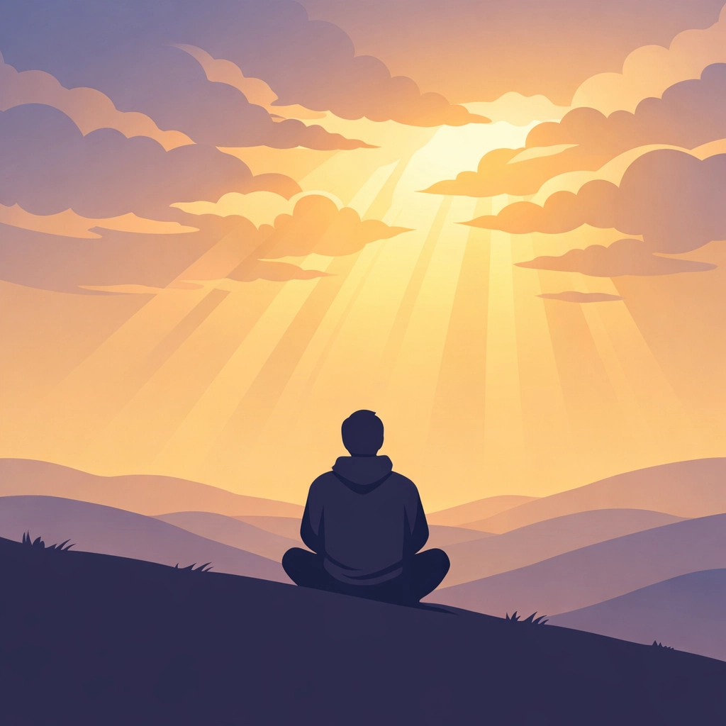 Person sitting on hillside looking up at heaven during Christian prayer and healing journey