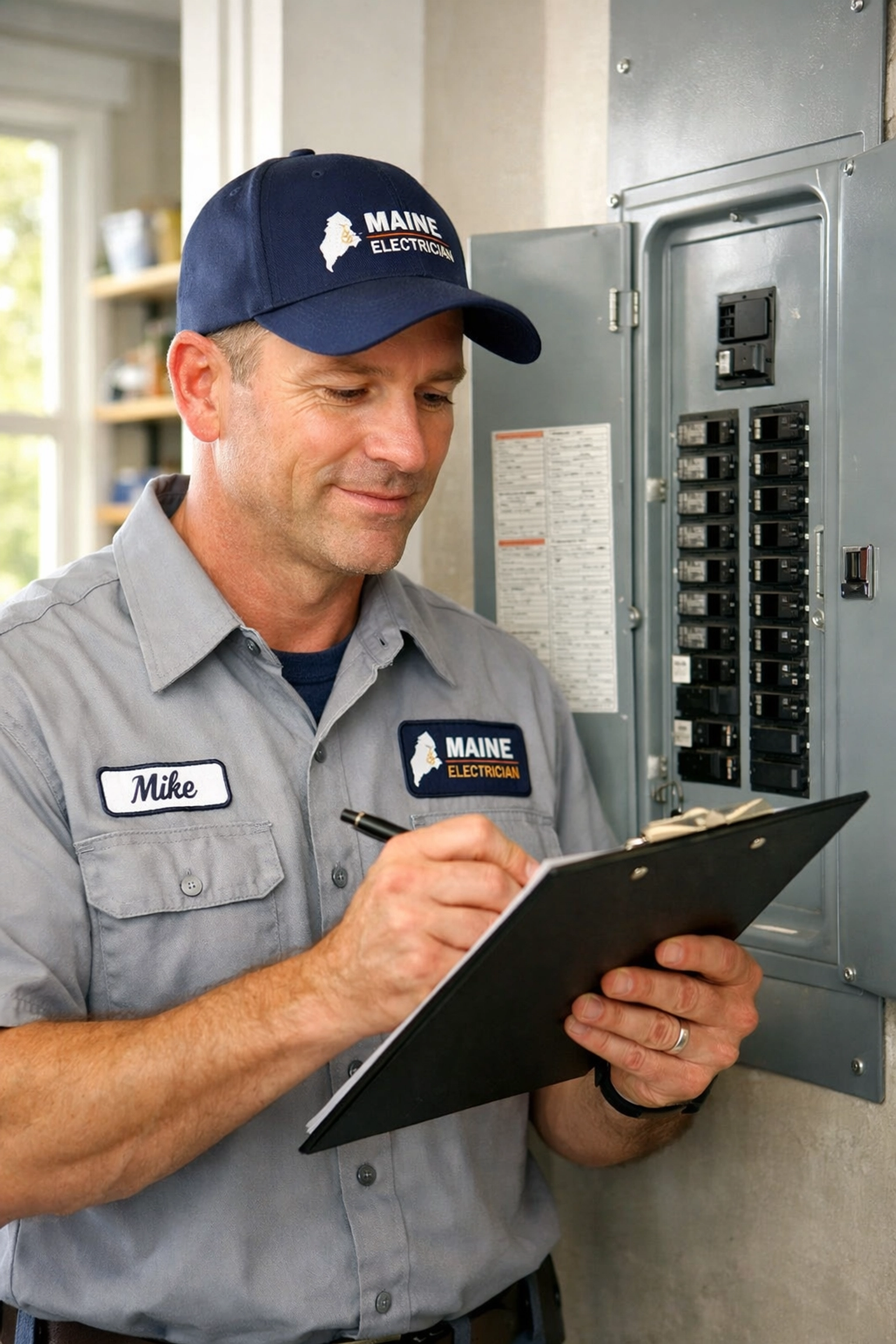 Licensed Maine electrician inspecting electrical panel for heat pump installation compliance