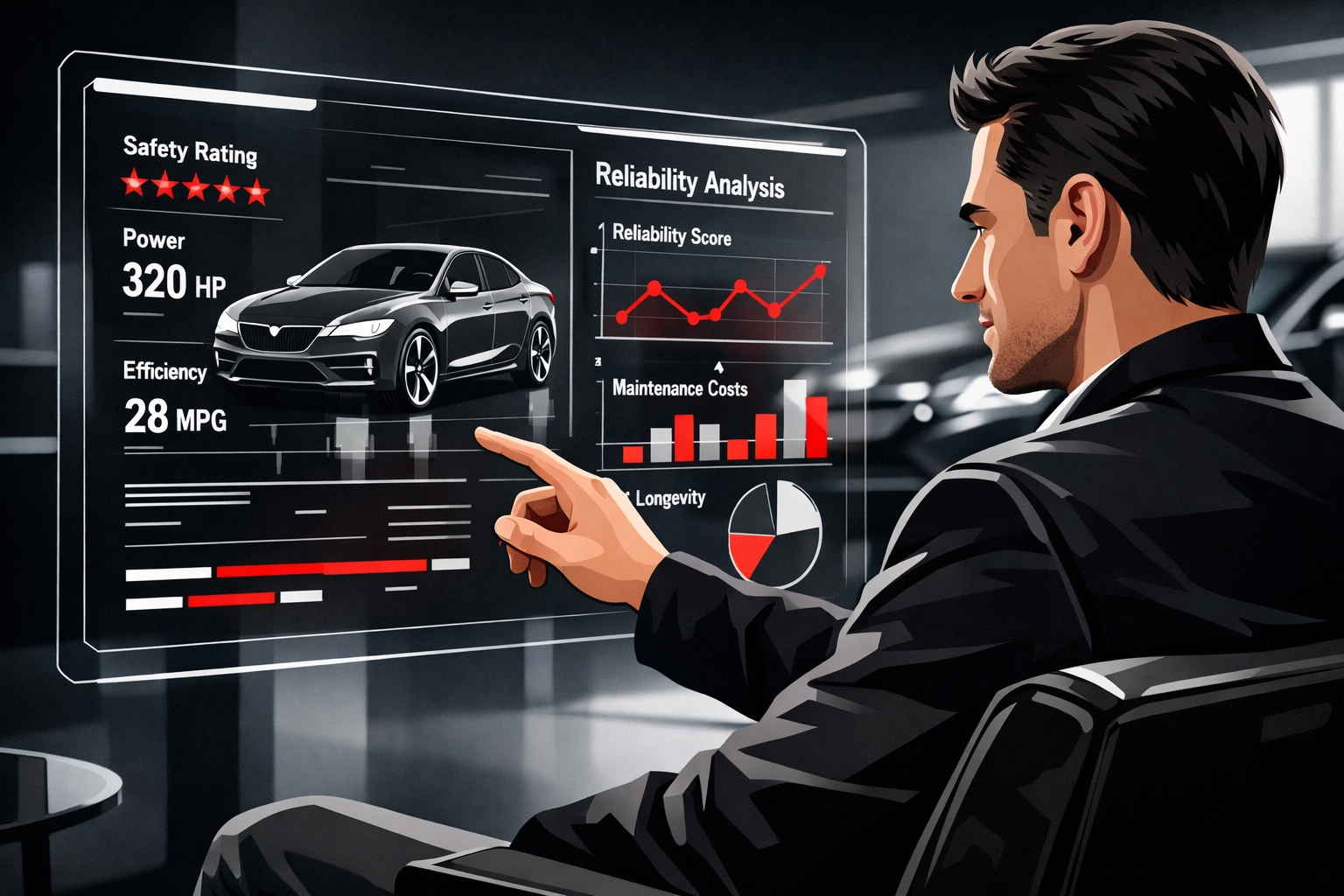 Car buyer in a modern dealership using digital AI tools to research vehicle data and build consumer trust.