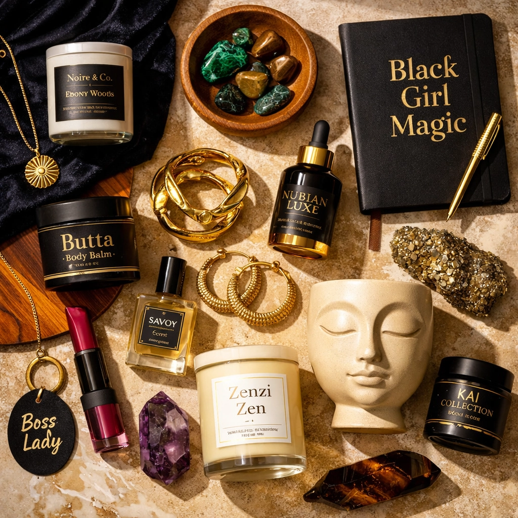 Curated luxury products from Black-owned businesses including candles, jewelry, and home decor