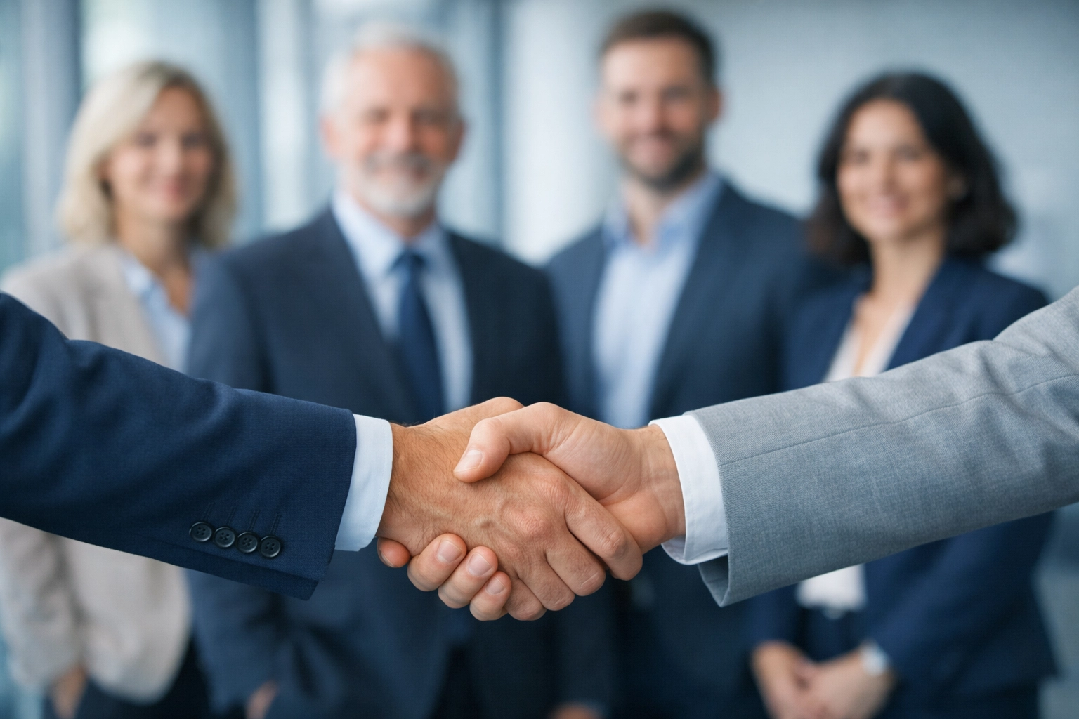 Business owner and management team handshake during exit planning transition