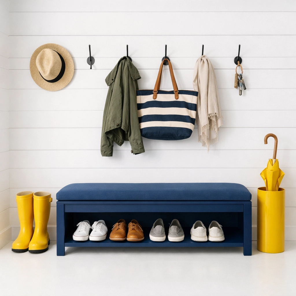 A tidy, clutter-free entryway and mudroom reflecting a clean and organized Brimfield household.