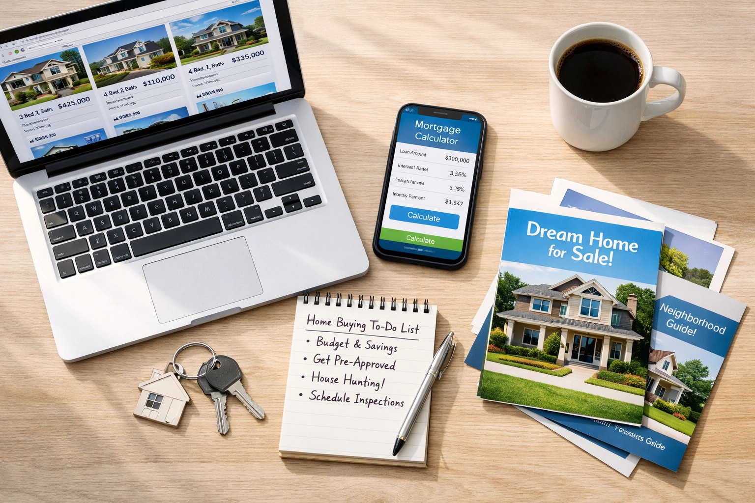 Home buyer planning tools including laptop, mortgage calculator, keys, and property listings