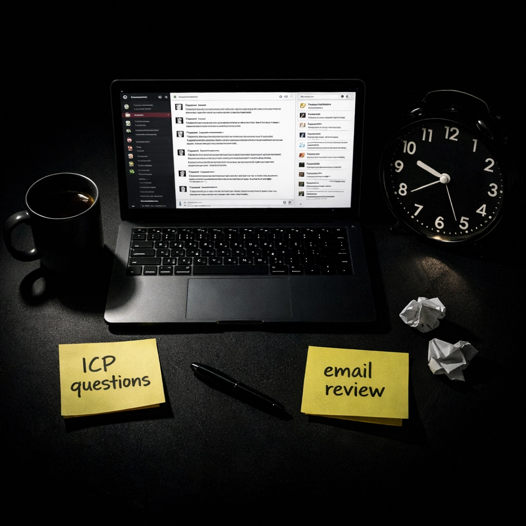 Founder's desk at night showing remote SDR management tasks and unanswered Slack messages