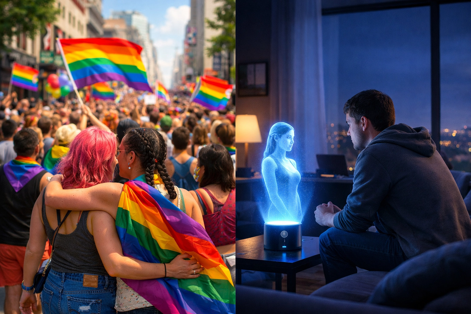 Pride parade versus AI companion contrasting community and technology for isolated LGBTQ+ individuals