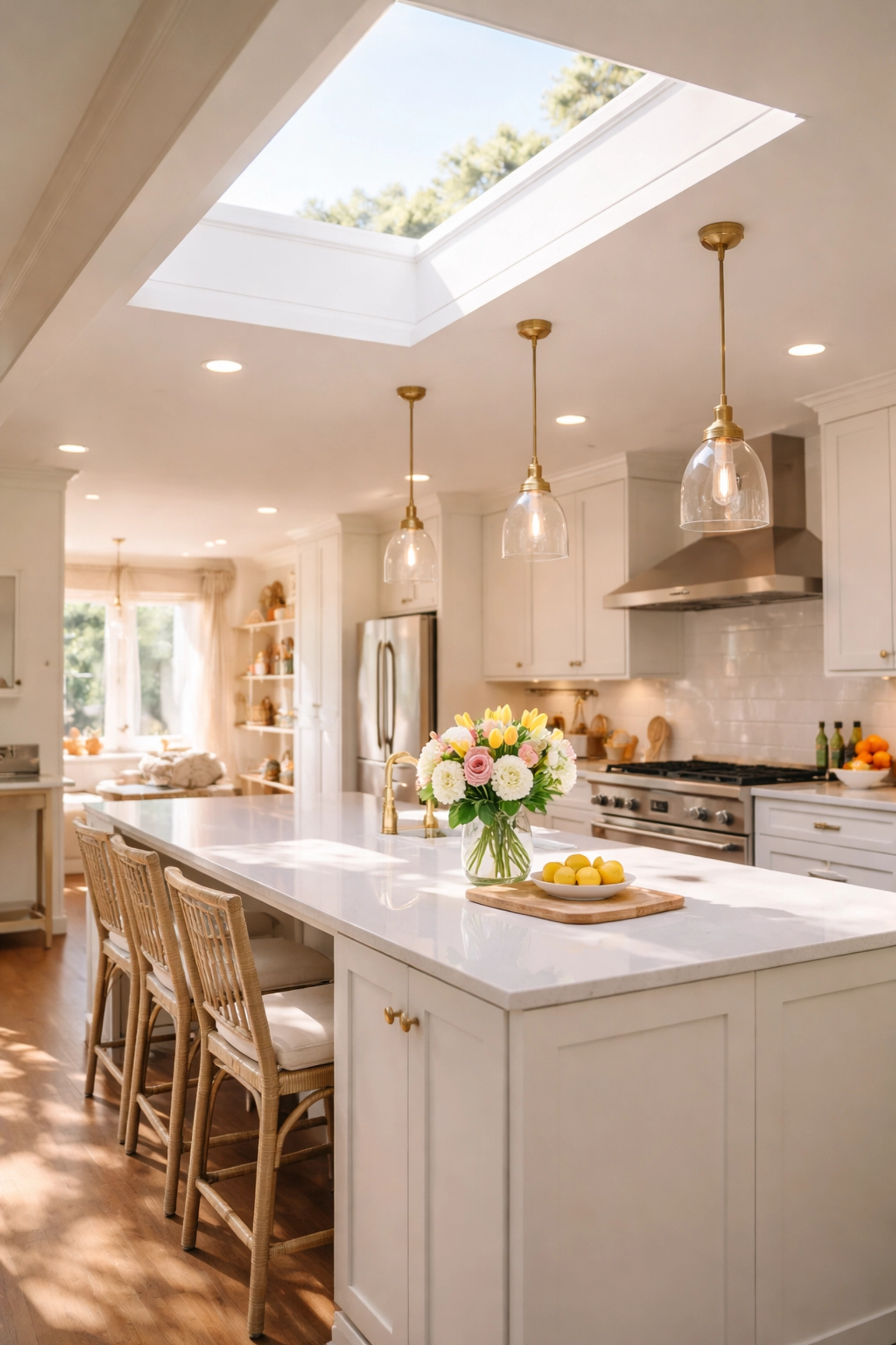 Modern Charlotte kitchen with natural light from a skylight, showcasing bright airy space and stylish roof installation