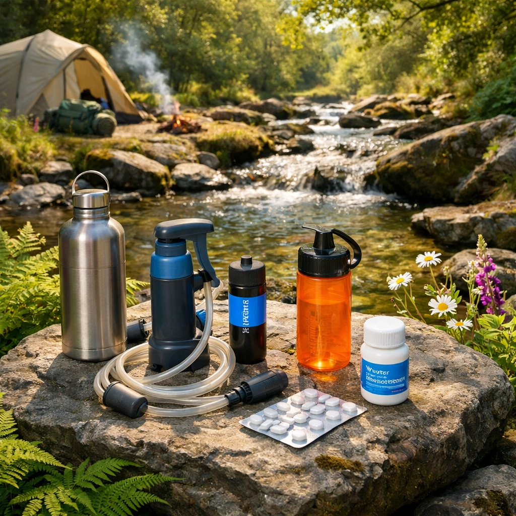 Wild camping UK water purification equipment laid out near mountain stream
