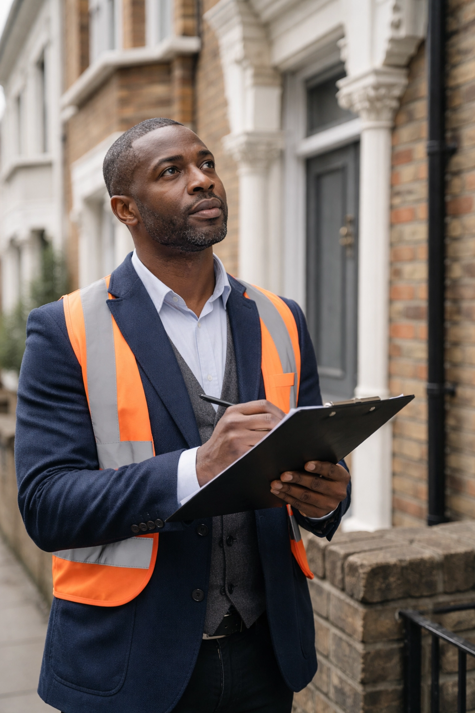 Experienced Romford surveyor inspecting the exterior of a Victorian terraced house