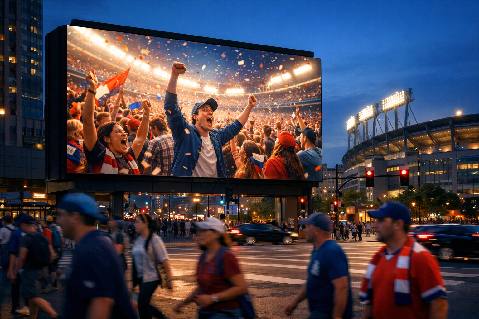 Digital billboard near a stadium displaying celebratory sports content to fans after a game.
