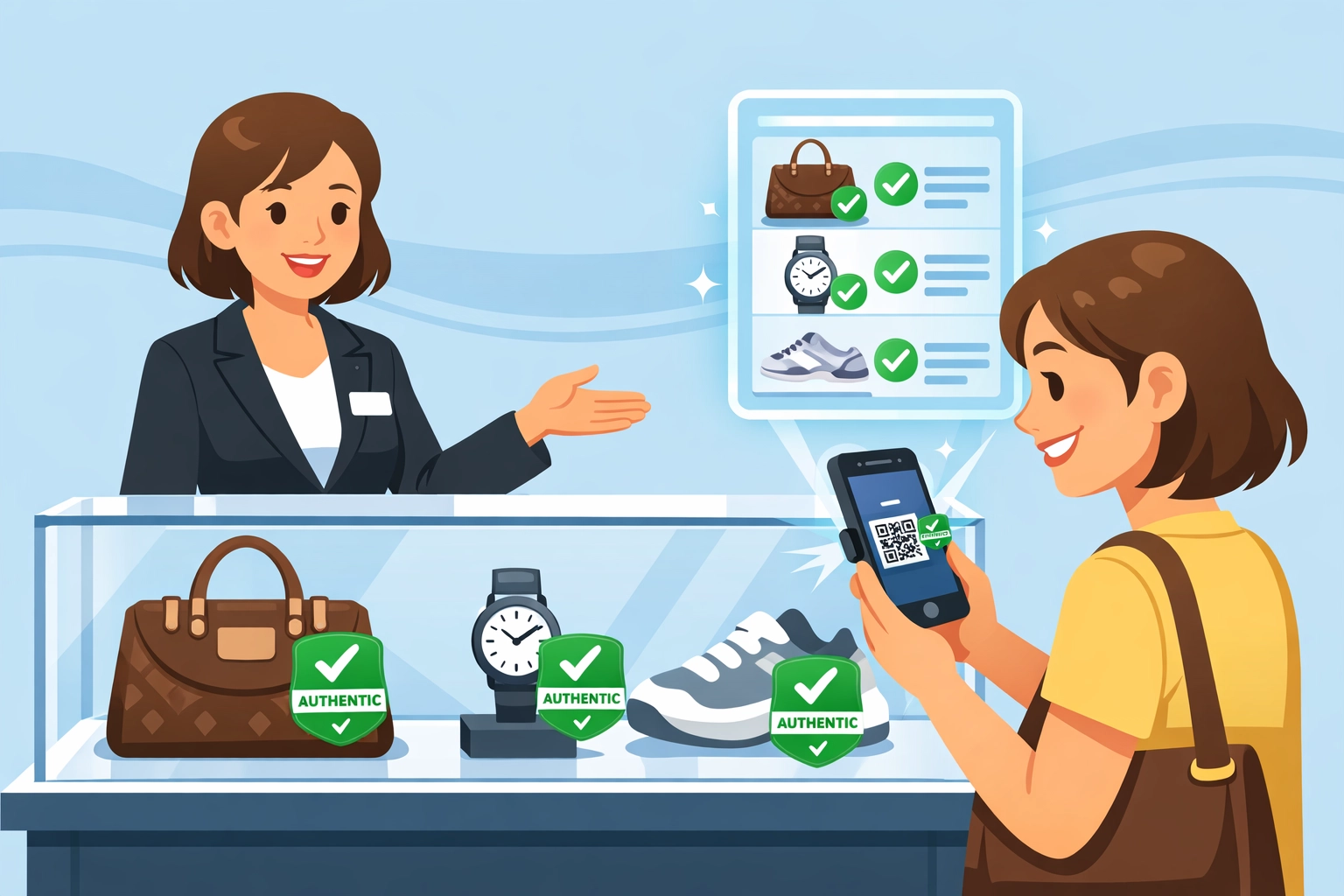 Customer scanning AP Seal on luxury handbag with smartphone in retail store