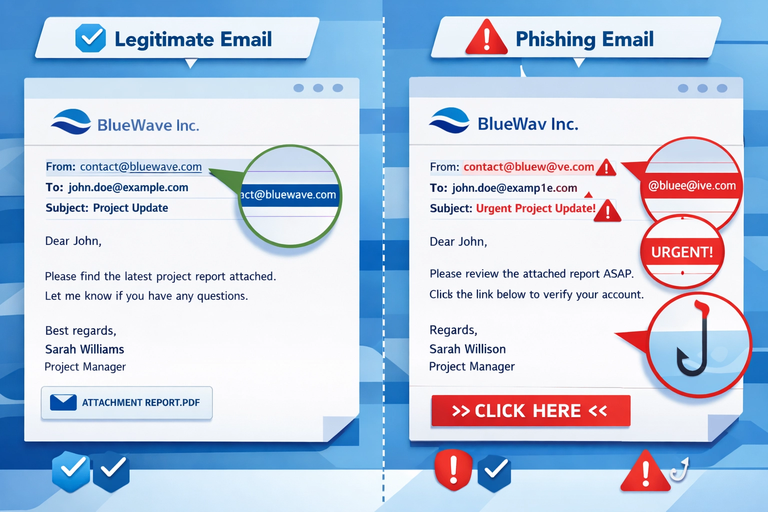 Side-by-side comparison of legitimate email versus phishing email with warning indicators