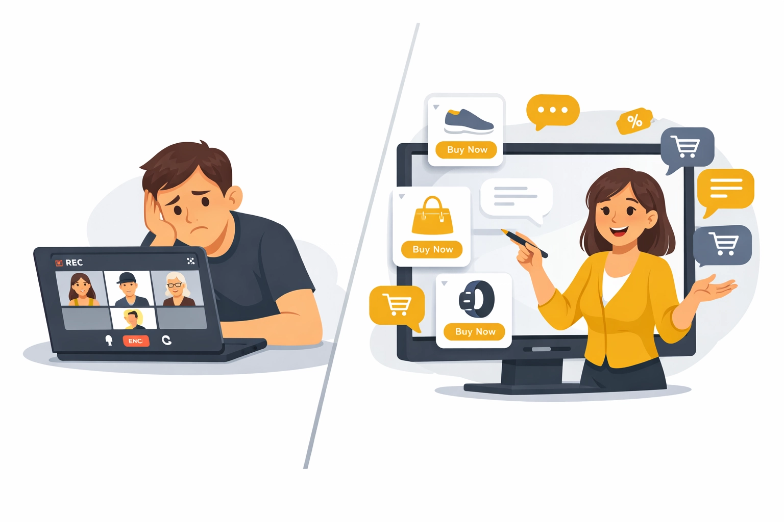 Comparison of traditional video conferencing versus interactive live shopping platform with engagement features