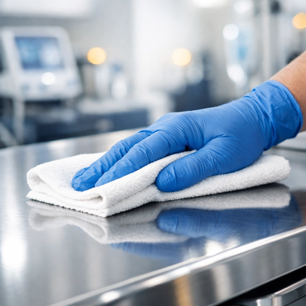 Medical workstation disinfection in Lancaster, MA, using hospital-grade cleaners for patient safety.