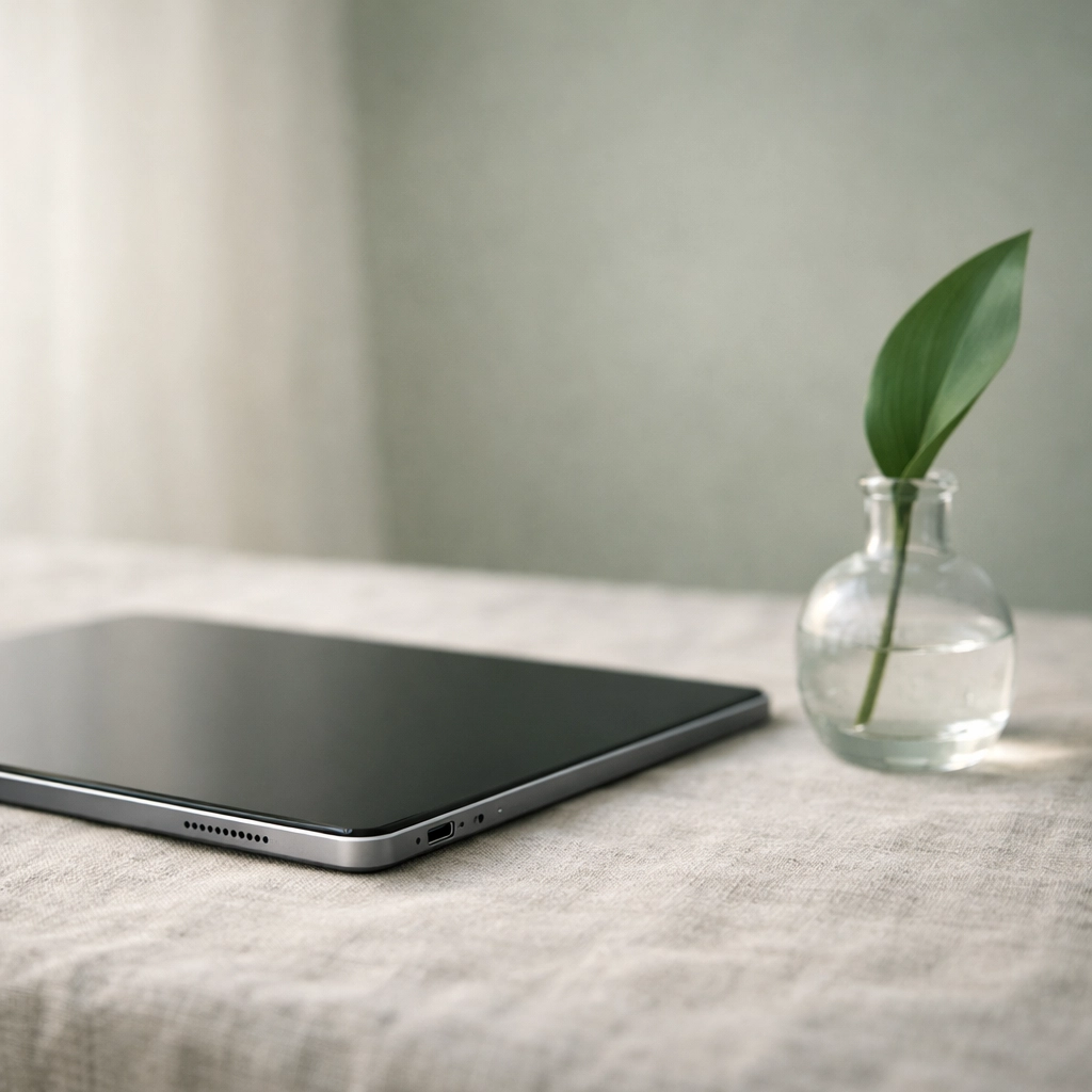 A sleek tablet on a linen surface representing a minimalist and fast-loading hotel booking engine UI.