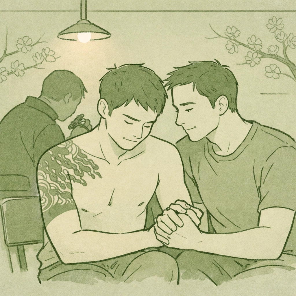 Gay couple in Tokyo tattoo parlor getting traditional irezumi body art