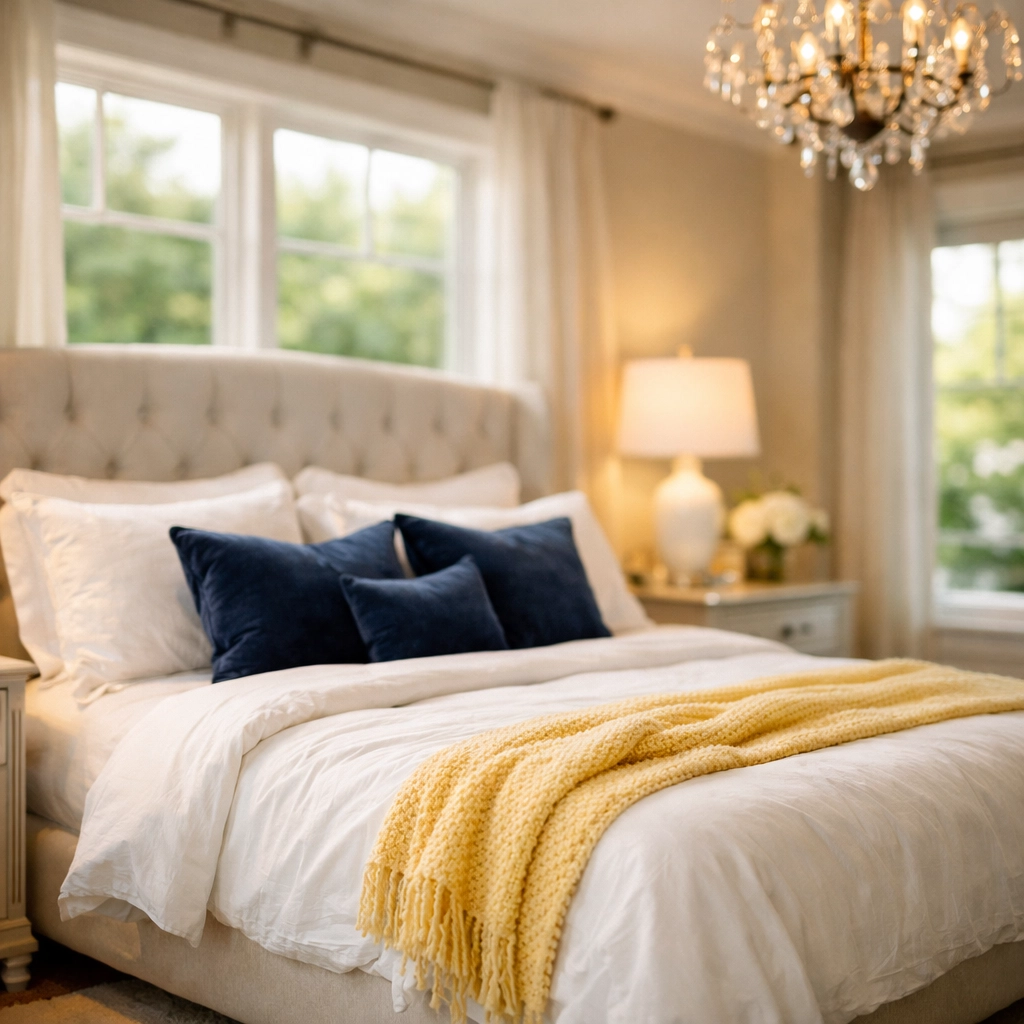 Immaculate luxury bedroom in Massachusetts showing the results of expert deep cleaning and weekly house cleaning.