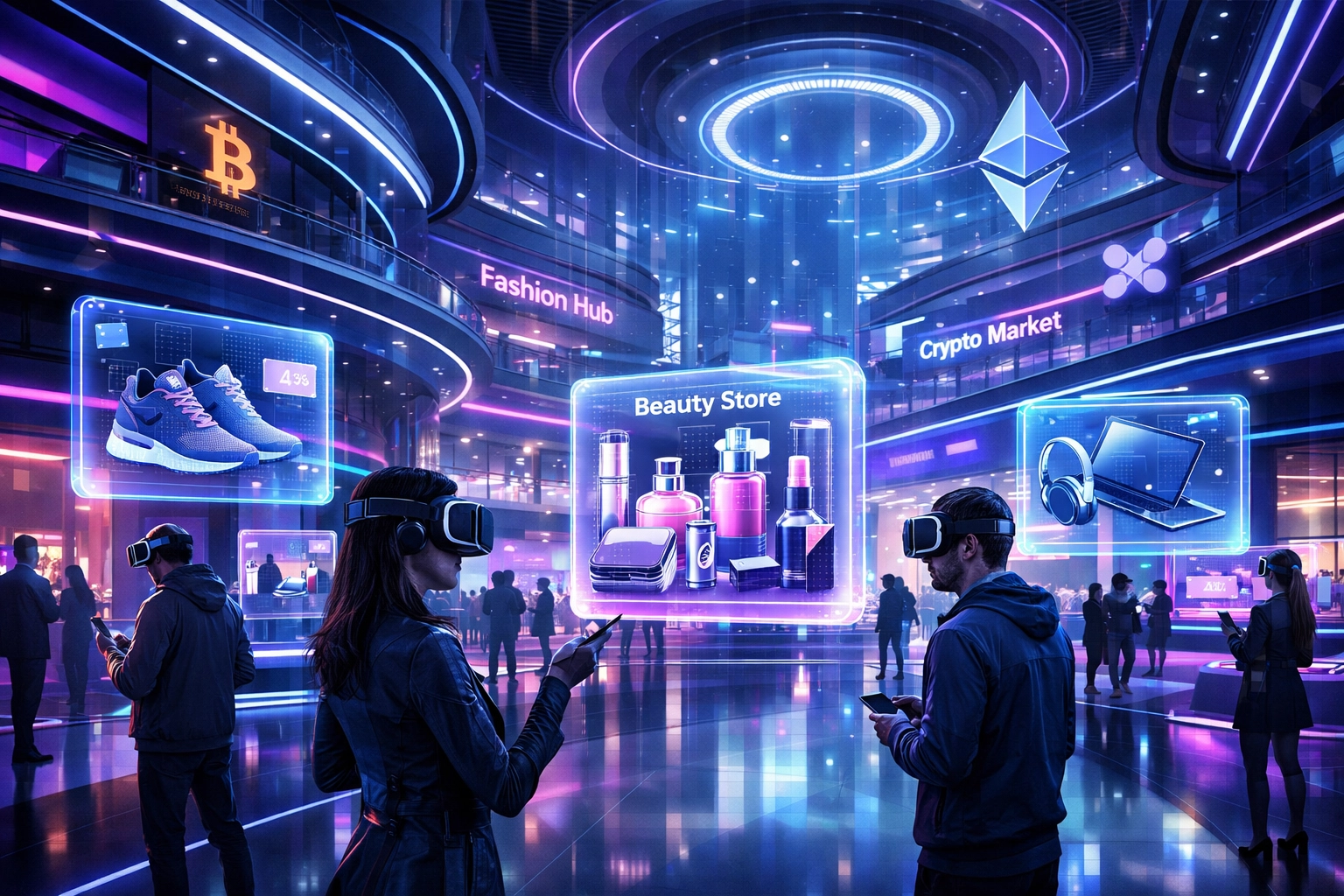 VR shoppers browsing holographic products in metaverse store with crypto payment integration
