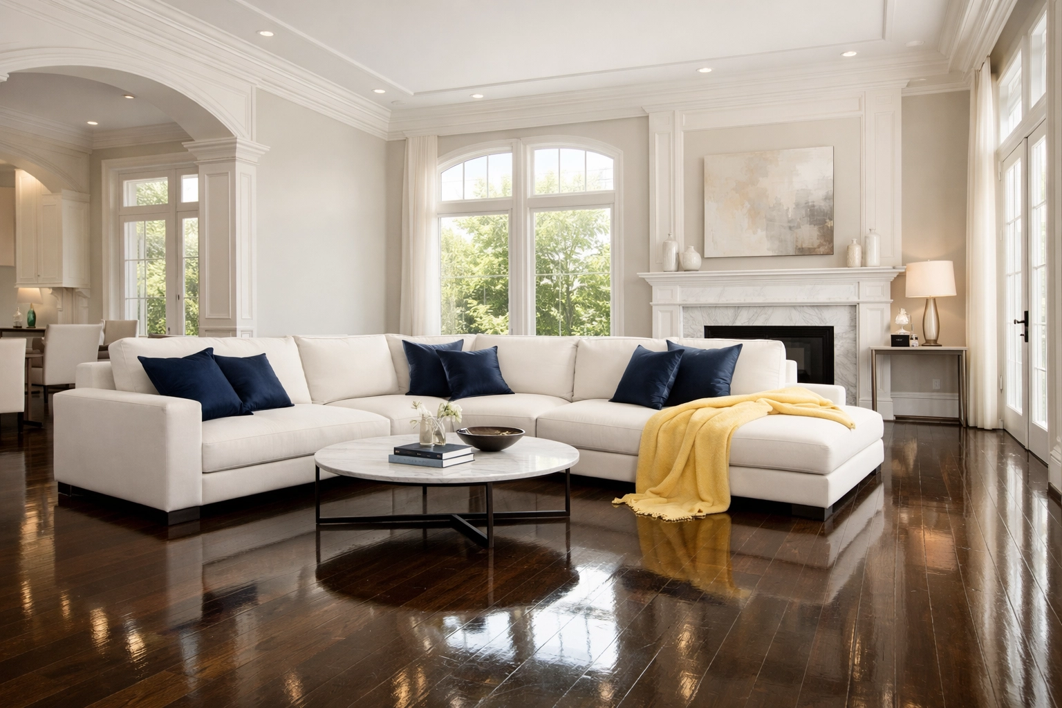 Pristine living room with polished floors after expert residential cleaning Massachusetts for a guest-ready home.