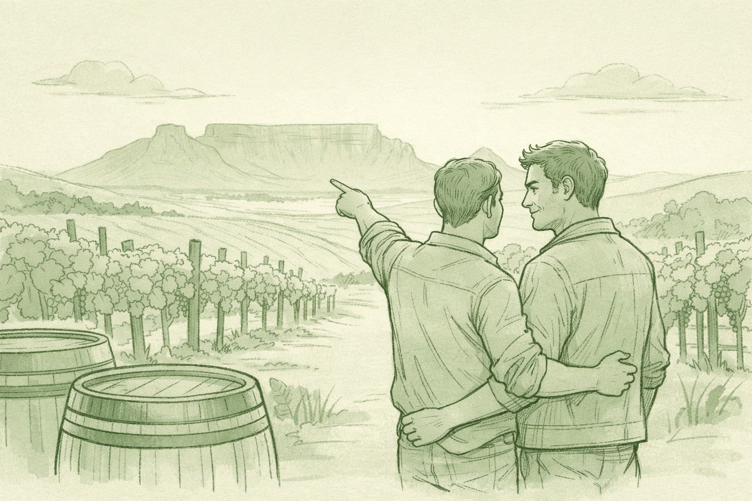 Two men bonding in Stellenbosch vineyard with Table Mountain backdrop - MM romance Cape Town