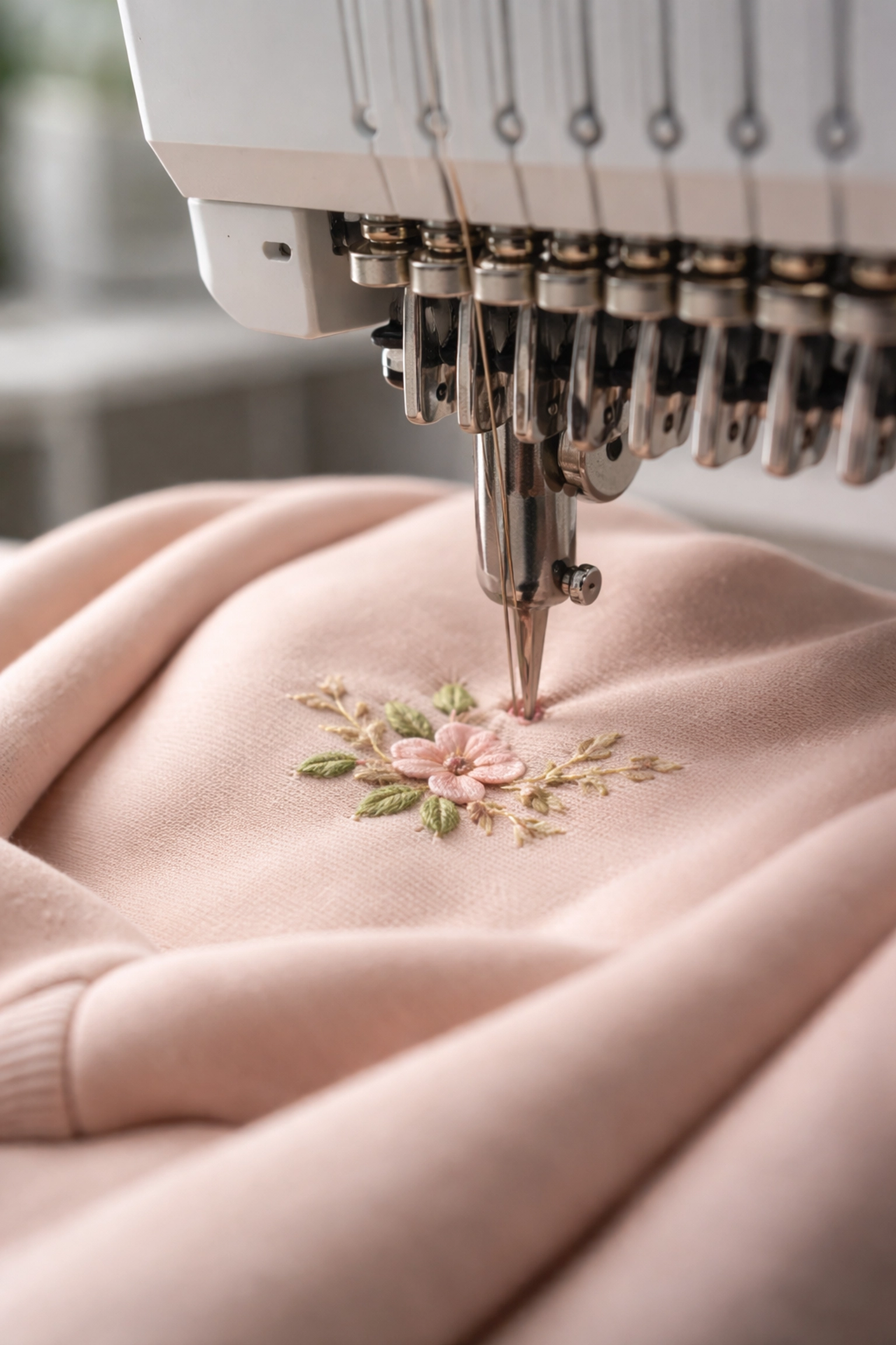 Close-up of embroidery machine stitching a blush sweatshirt, showcasing custom apparel creation for Valentine’s Day