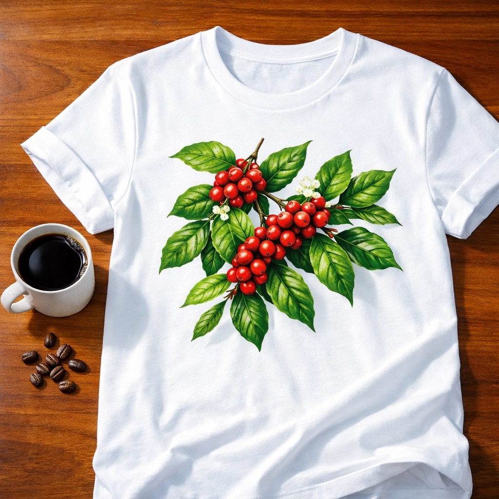 Custom t-shirt for a Kona coffee farm featuring botanical illustrations of coffee cherries on a white cotton tee.