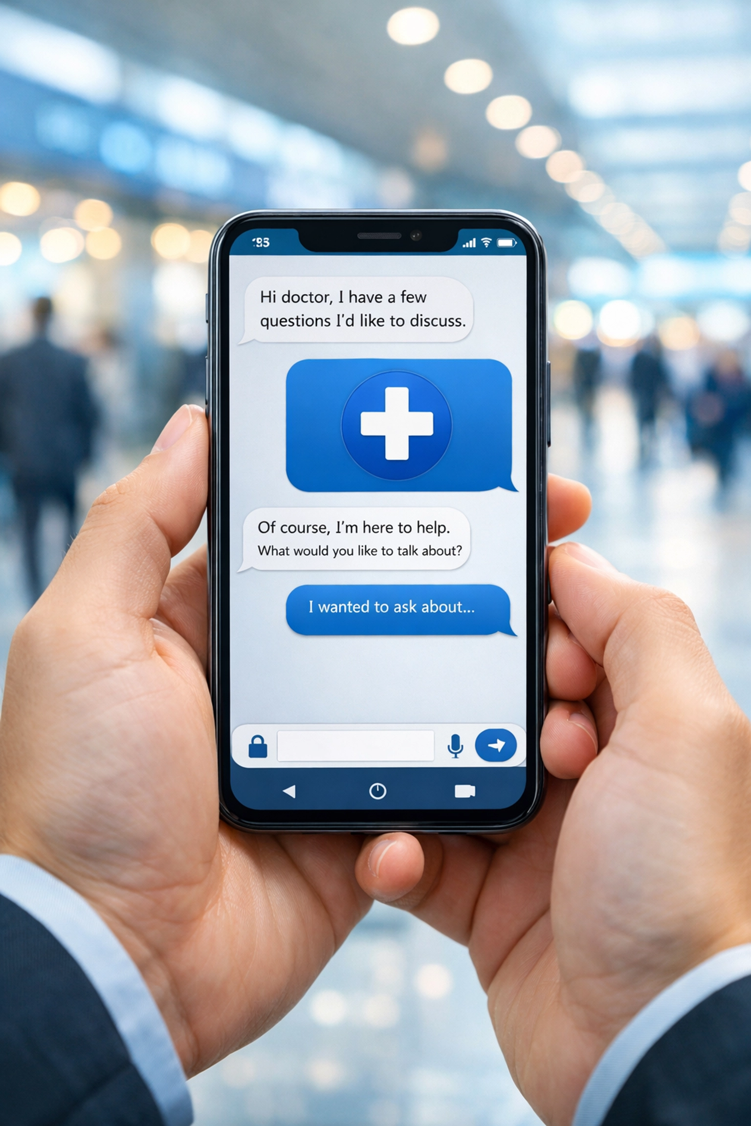 Person using secure medical messaging to chat with a doctor on a smartphone in a busy urban setting.