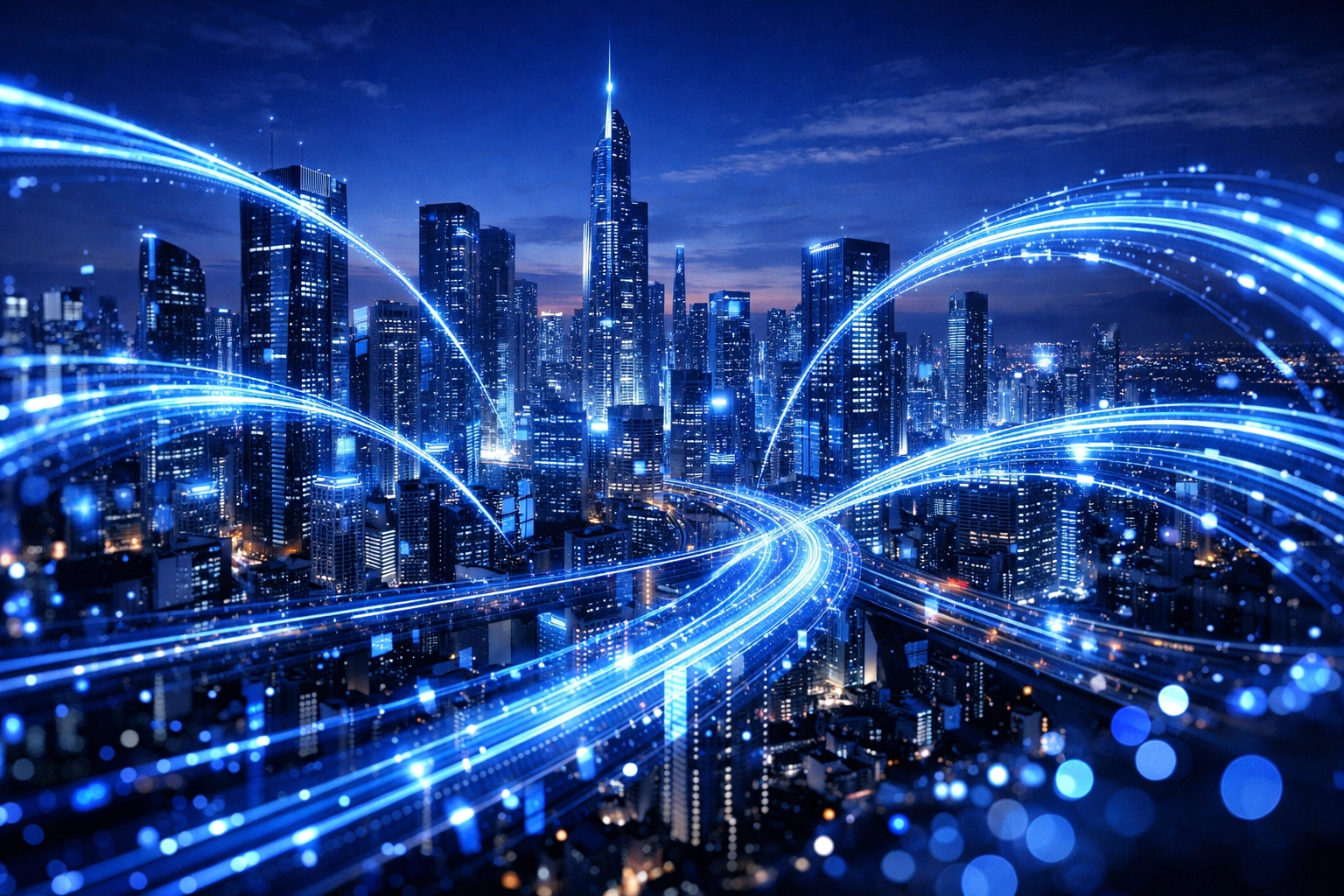 Glowing digital data trails connecting a modern city skyline, illustrating secure network infrastructure and SASE technology.