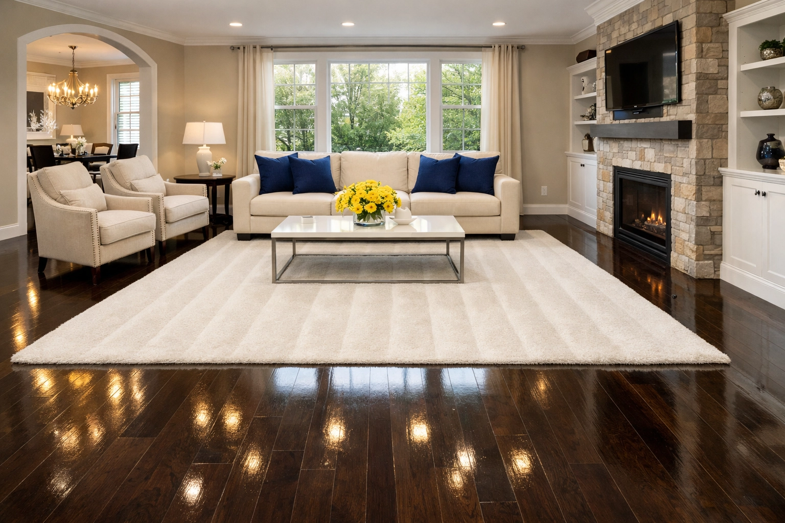 Clean living room in Barre MA with polished floors after professional house cleaning.