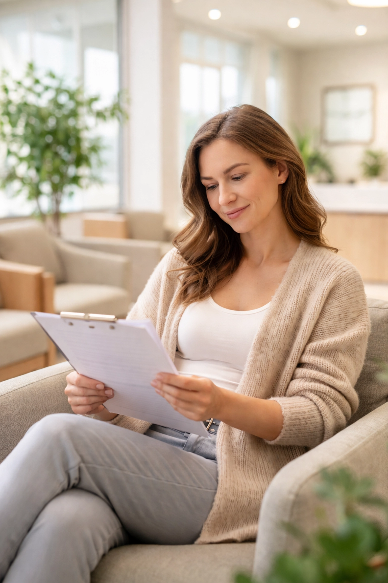 A Surrogate in Oregon calmly reviews paperwork in a bright, welcoming medical office during her clinic screening appointment.